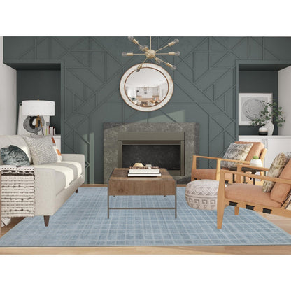 8'2"X9'10" Stone Blue Modern Erased Box Design Hand Loomed Pure Wool Rug