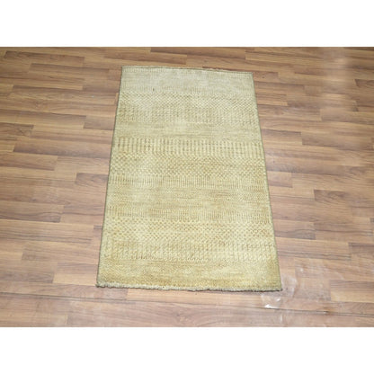 Rug 2'x3' Beige Modern Grass Design Hand Knotted Wool with Silk Small Mat