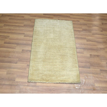 Rug 2'x3' Beige Modern Grass Design Hand Knotted Wool with Silk Small Mat