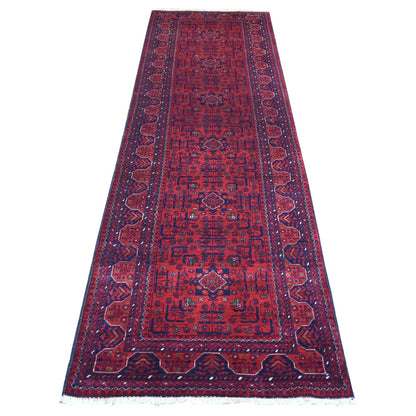 2'10"X9'9" Deep Red Hand Knotted Afghan Khamyab Velvety Wool Runner Rug