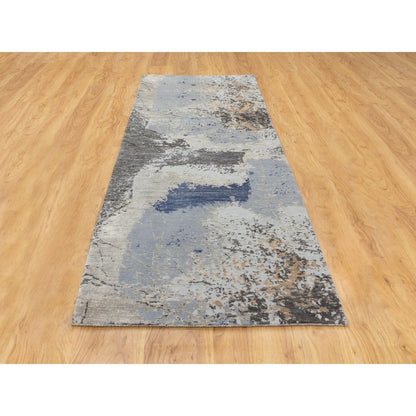 2'9"X9'8" Gray Abstract Design Wool And Silk Runner Hand Knotted Rug