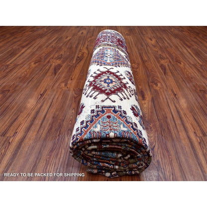 9'1"X12'4" Ivory Super Kazak Repetitive Medallions Wool Hand Knotted Rug
