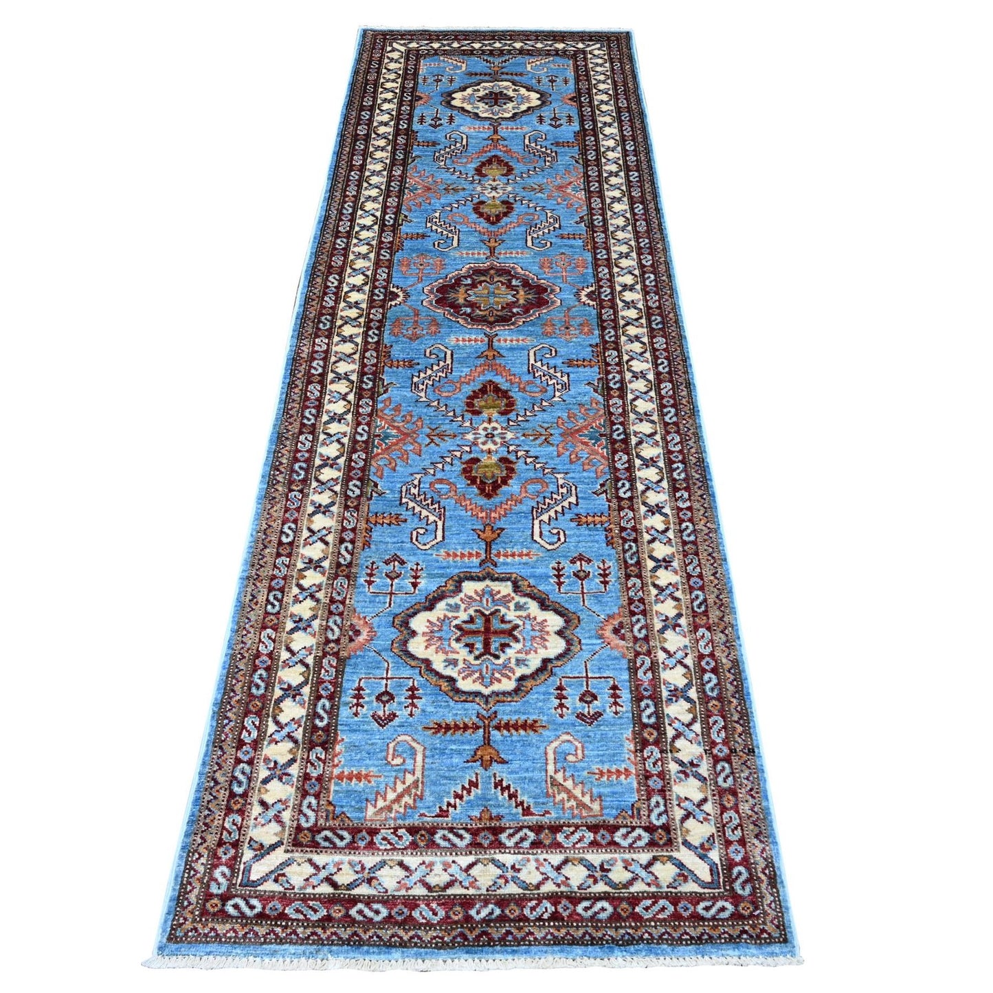 2'9"X8'8" Copen Blue Super Kazak Hand Knotted Medallions Wool Runner Rug