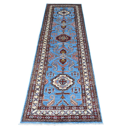 2'9"X8'8" Copen Blue Super Kazak Hand Knotted Medallions Wool Runner Rug