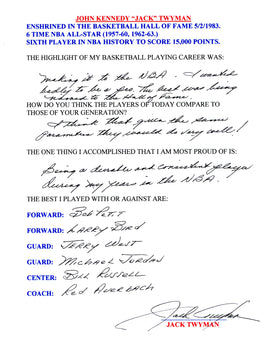Jack Twyman Autographed Hand Filled Out Survey Page (Jsa)