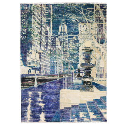 8'8"x12'1" Blue The Empire State Building Silk & Wool Hand Oriental Rug