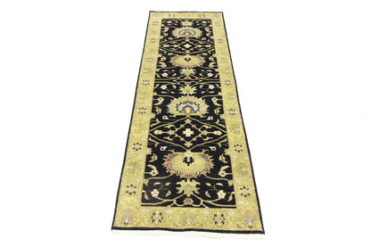 Hand-Knotted Oushak Oriental Wool Runner Rug Floral Black Carpet 2'5x7'11 ft