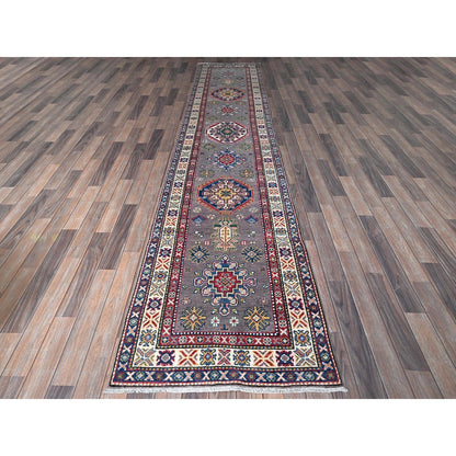 2'9"X12'6" Dove Gray Kazak With Tribal Design Hand Knotted Wool Runner Rug