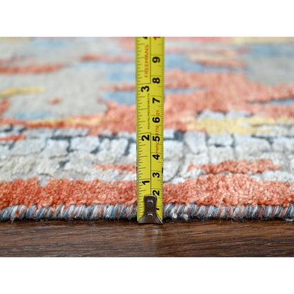 2'5"X25'8" Dark Coral Abstract Hand Knotted Wool And Silk Xl Runner Rug