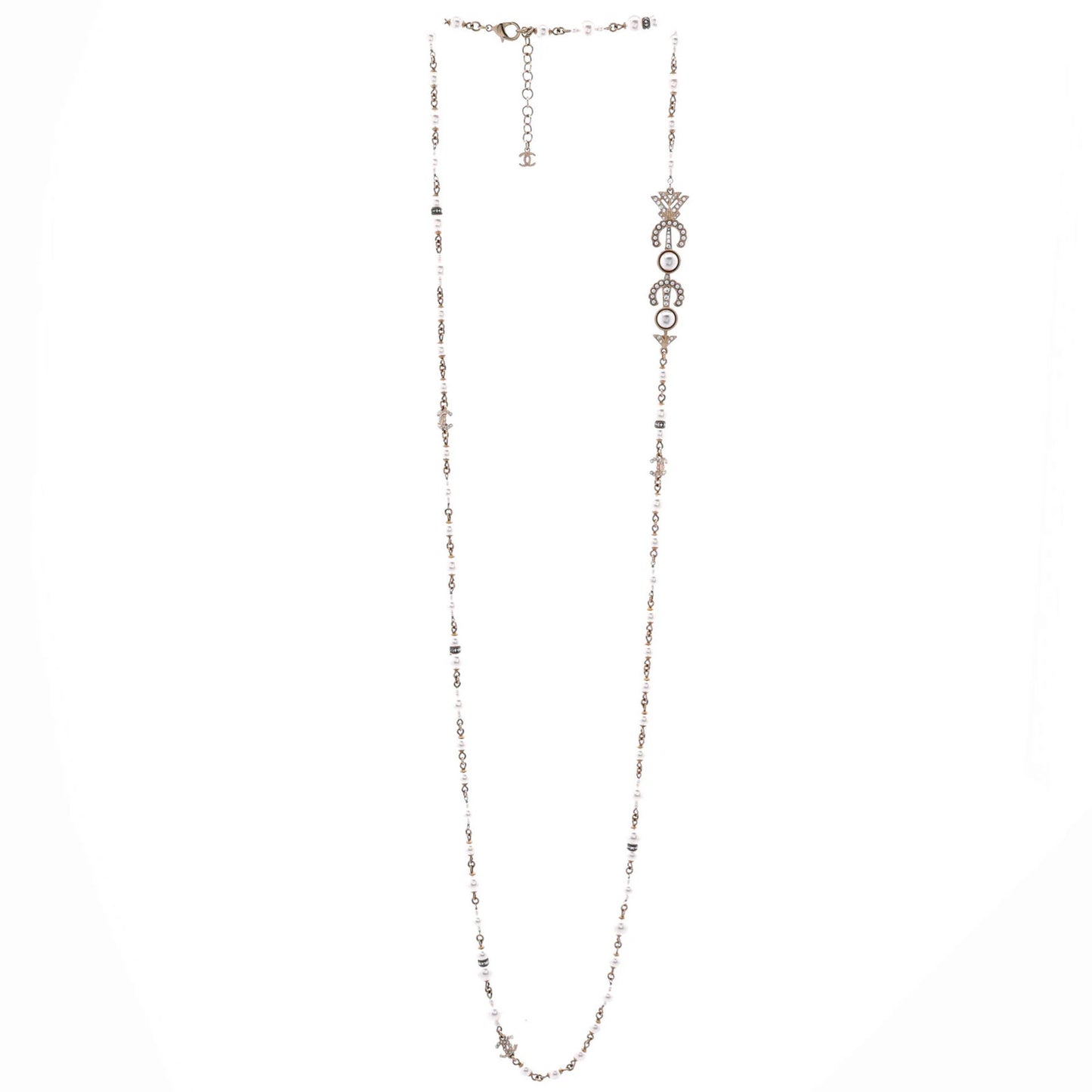 Chanel Coco Arrow Cc Station Long Necklace Metal And Faux Pearls With Crystals