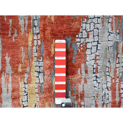 2'5"X25'8" Dark Coral Abstract Hand Knotted Wool And Silk Xl Runner Rug