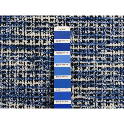9'2"X12' Steel Blue Modern Fence Design Wool And Art Silk Hand Loomed Rug