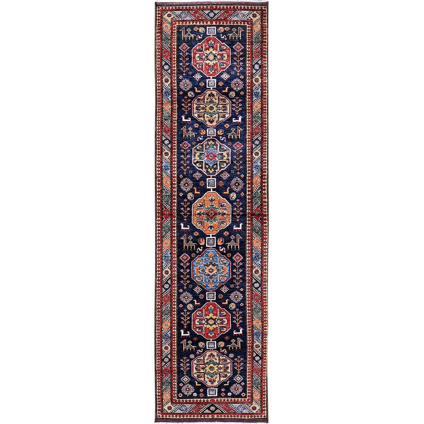 2'8"X9'5" Sailor Blue Caucasian Design Revival Hand Knotted Wool Runner Rug