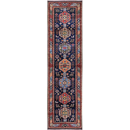 2'8"X9'5" Sailor Blue Caucasian Design Revival Hand Knotted Wool Runner Rug