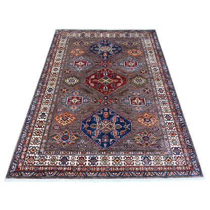5'1"X6'9" Gray Super Kazak Large Elements Wool Hand Knotted Runner Rug
