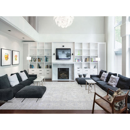 11'8"X15' Dove White Wool White Wash Peshawar Hand Knotted Oversized Rug