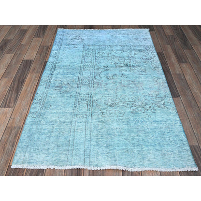 3'1"X5'1" Blue Overdyed Vintage Zoroastrian Tebraz Hand Knotted Wool Rug