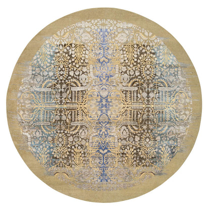 10'X10' Gold Brown Hand Knotted Transitional Sarouk Silk/Wool Round Rug