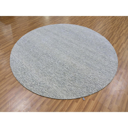 7'9"X7'9" Gray Undyed Pure Wool Grass Design Hand Knotted Round Rug
