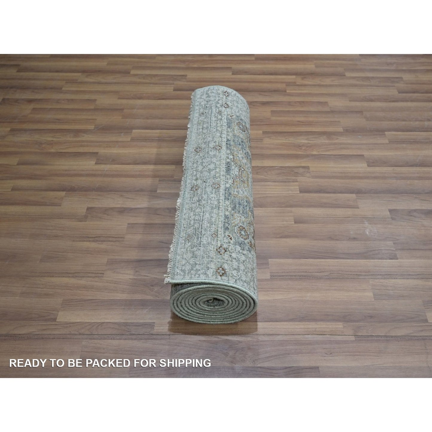 2'7"X12'1" Green Wool Rug Pre Historic Mamluk Design Hand Knotted Runner