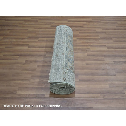 2'7"X12'1" Green Wool Rug Pre Historic Mamluk Design Hand Knotted Runner