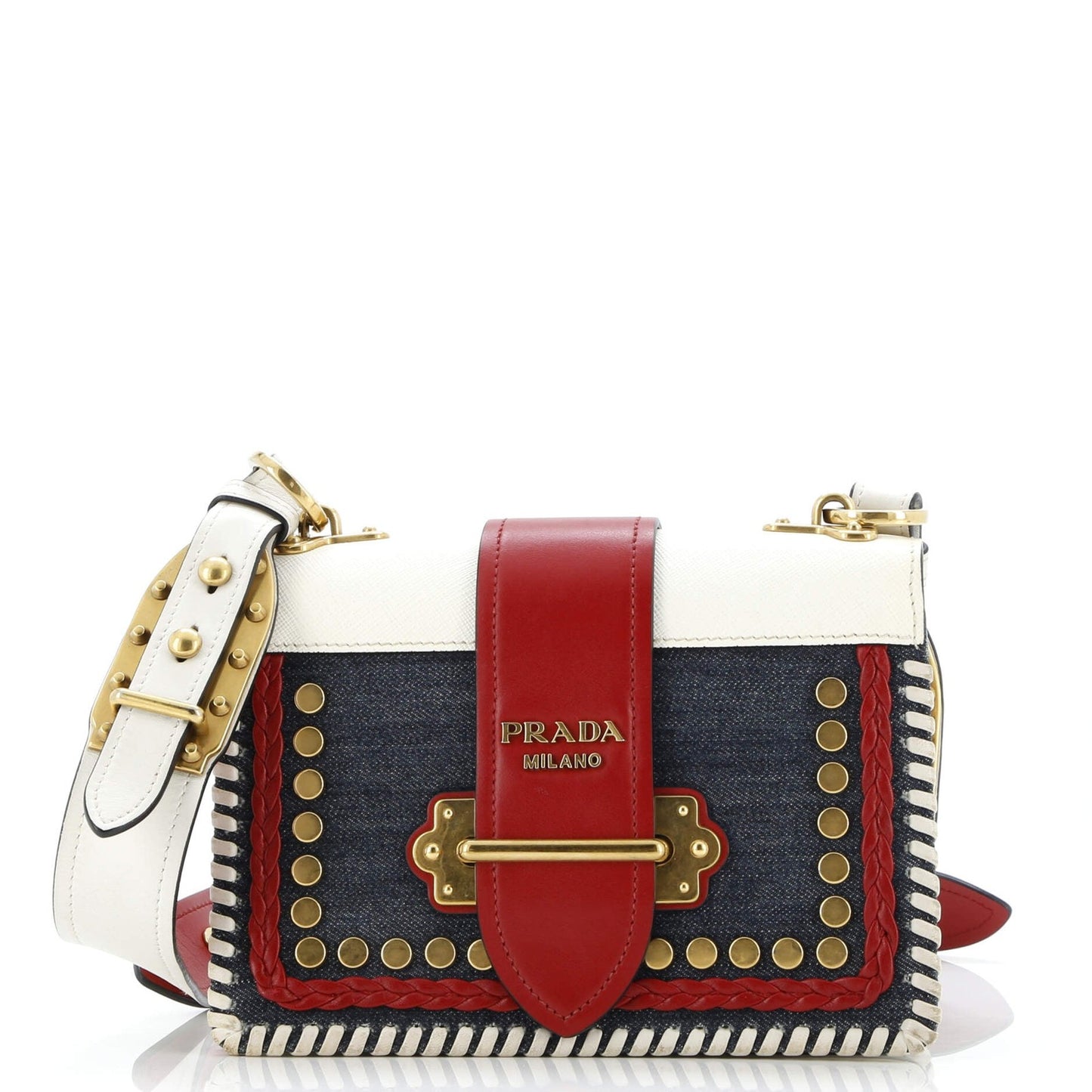 Prada Cahier Crossbody Bag Embellished Denim And Leather Small