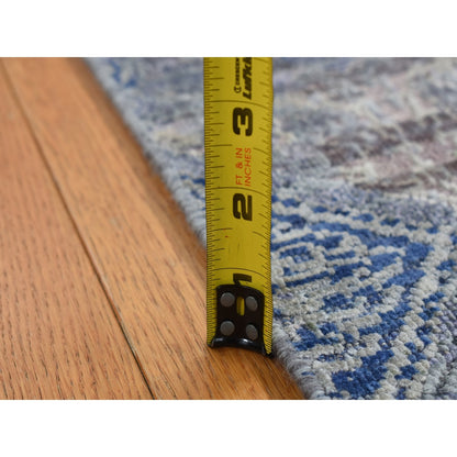 2'6"X6' Blue Silk With Wool Erased Rosette Design Hand Knotted Runner Rug