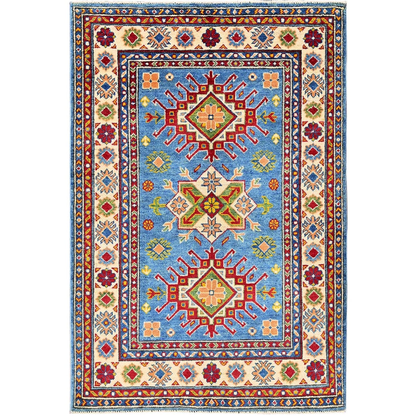 3'4"X5' Blue Kazak With Tribal Medallions Design Hand Knotted Wool Rug