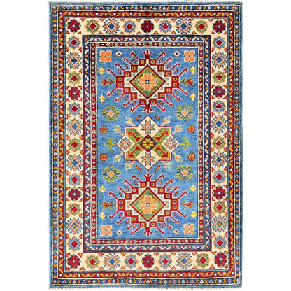 3'4"X5' Blue Kazak With Tribal Medallions Design Hand Knotted Wool Rug