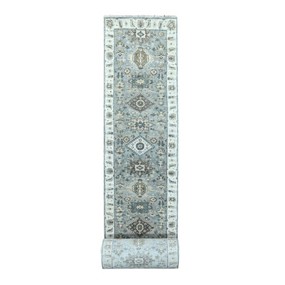 2'7"X27'9" Gray Karjihooz Geometric Design Hand Knotted Wool Runner Rug