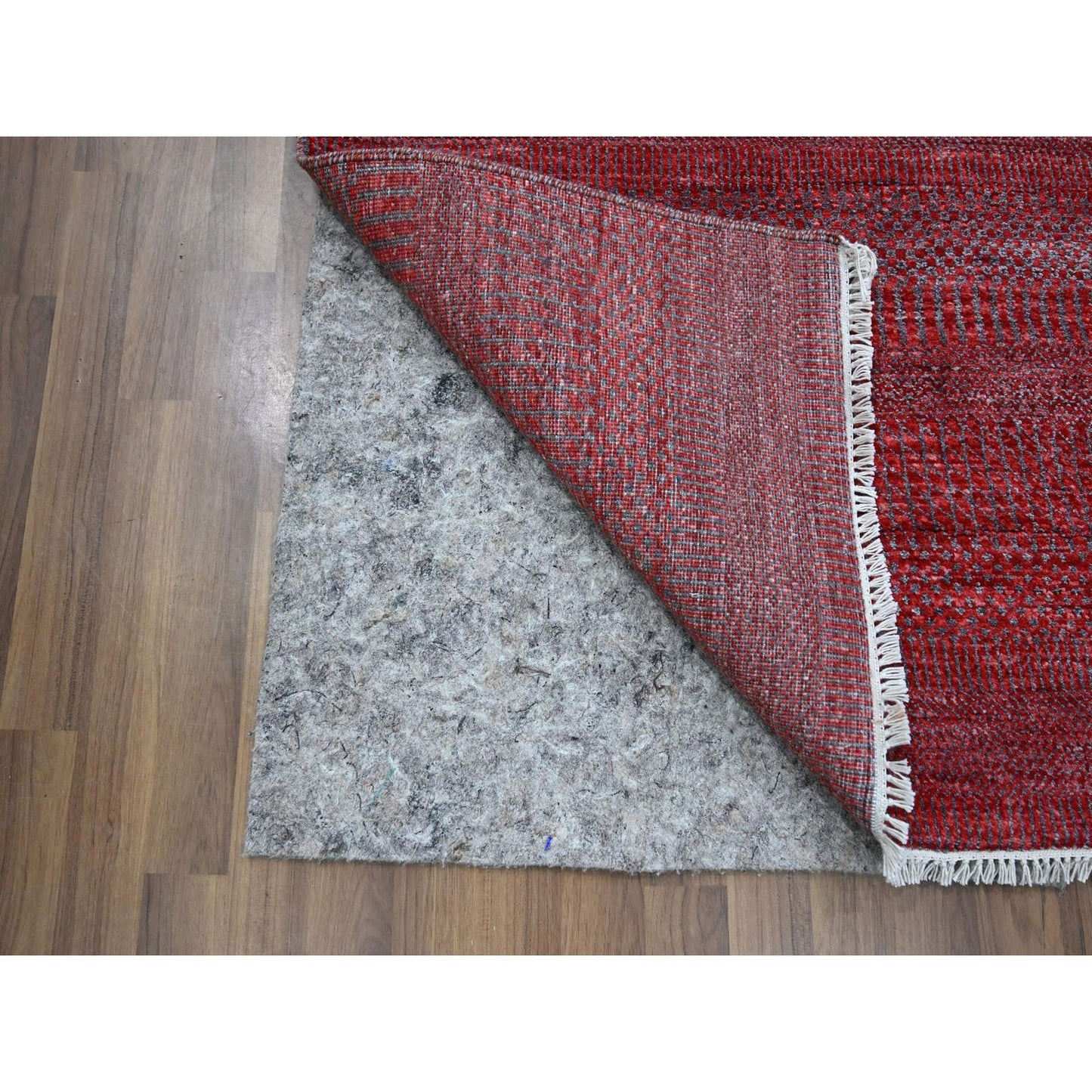 2'6"X16'3" Red Modern Grass Design Hand Knotted Wool And Silk Runner Rug