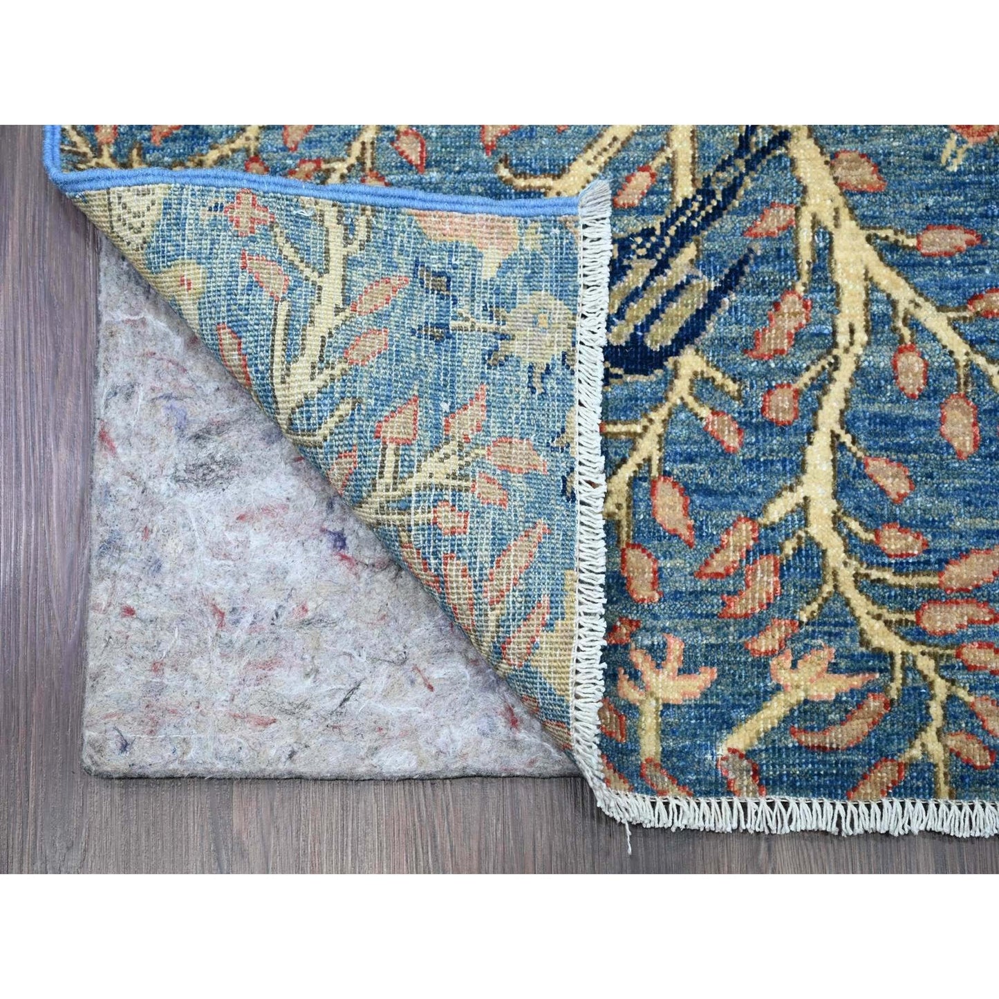 2'9"X23'4" Blue Hand Knotted Peshawar Birds Design Soft Wool Runner Rug