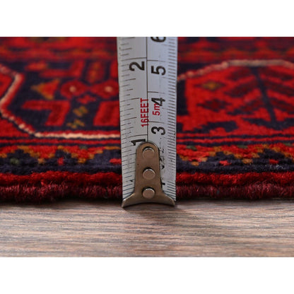 1'8"X4'9" Red Afghan Khamyab Geometric Pattern Hand Knotted Wool Runner Rug