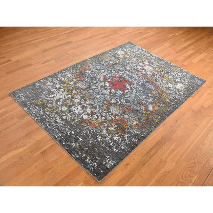 Rug 6'1"X9'2" Black Transitional Agra Design Wool and Silk Hand Knotted