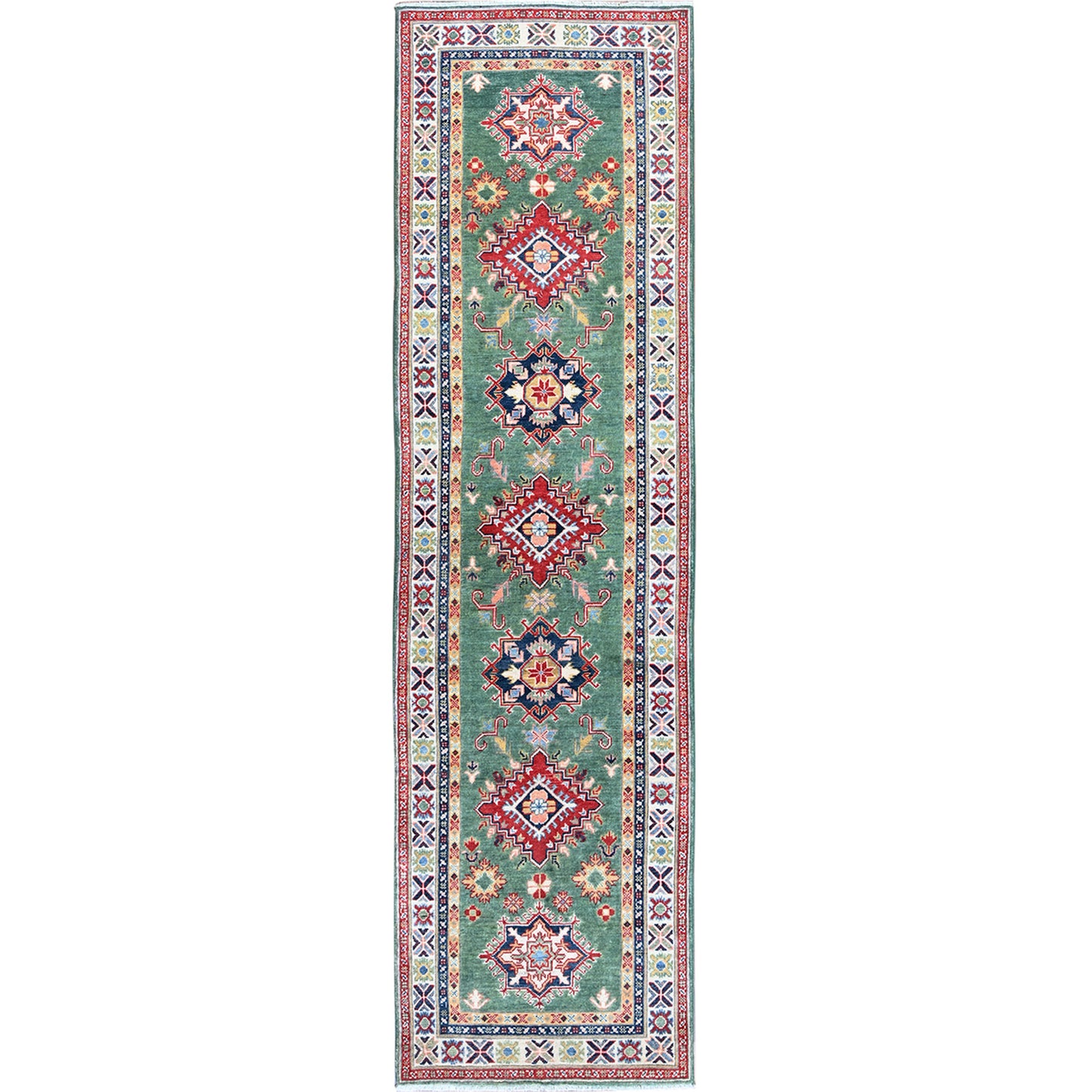 2'8"X9'10" Green Kazak Geometric Design Hand Knotted Soft Wool Runner Rug