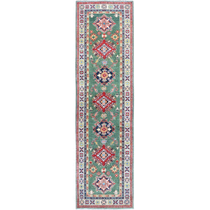 2'8"X9'10" Green Kazak Geometric Design Hand Knotted Soft Wool Runner Rug