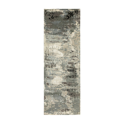 4'X12' Hand Knotted Taupe Abstract Design Wool Silk Runner Hi-Low Rug