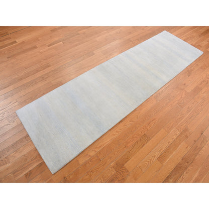 2'8"X9'5" Blue Hand Knotted Grass Design Gabbeh Wool And Silk Runner Rug