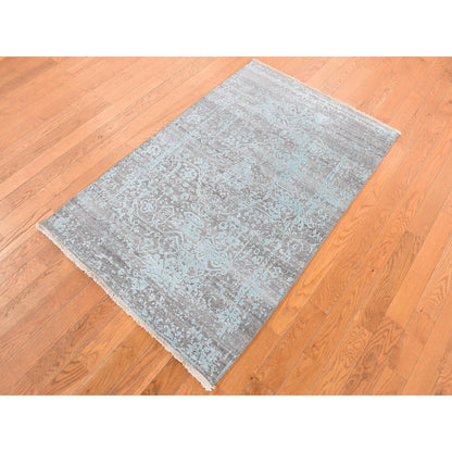 3'X4'10" Green Broken Zoroastrian Design Wool And Silk Hand Knotted Rug