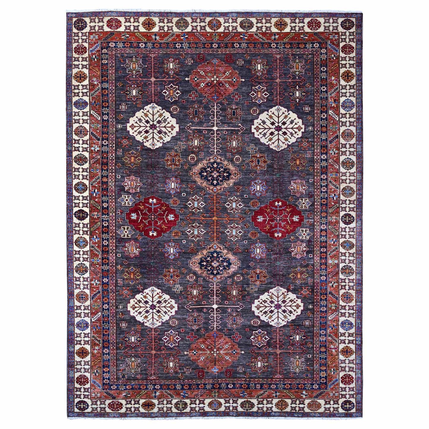 9'X12'3" Gray Tribal Medallions Hand Knotted Super Kazak Oriental Rug
