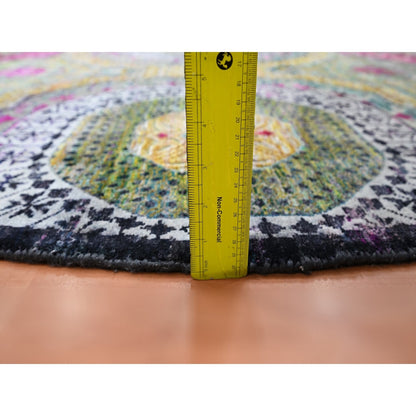 8'1"X8'1" Yellow Mamluk Design Sari Silk With Wool Hand Knotted Round Rug