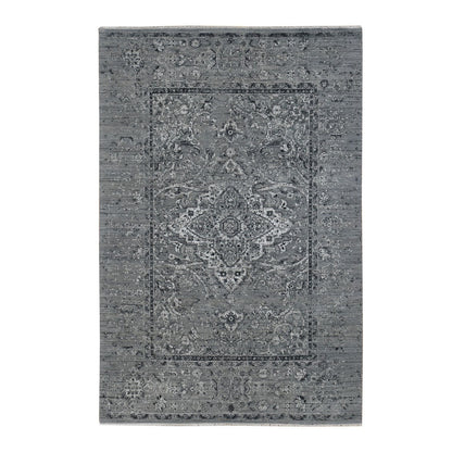 6'X9' Gray Zoroastrian Erased Design Silk With Wool Hand Knotted Rug