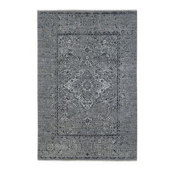 6'X9' Gray Zoroastrian Erased Design Silk With Wool Hand Knotted Rug