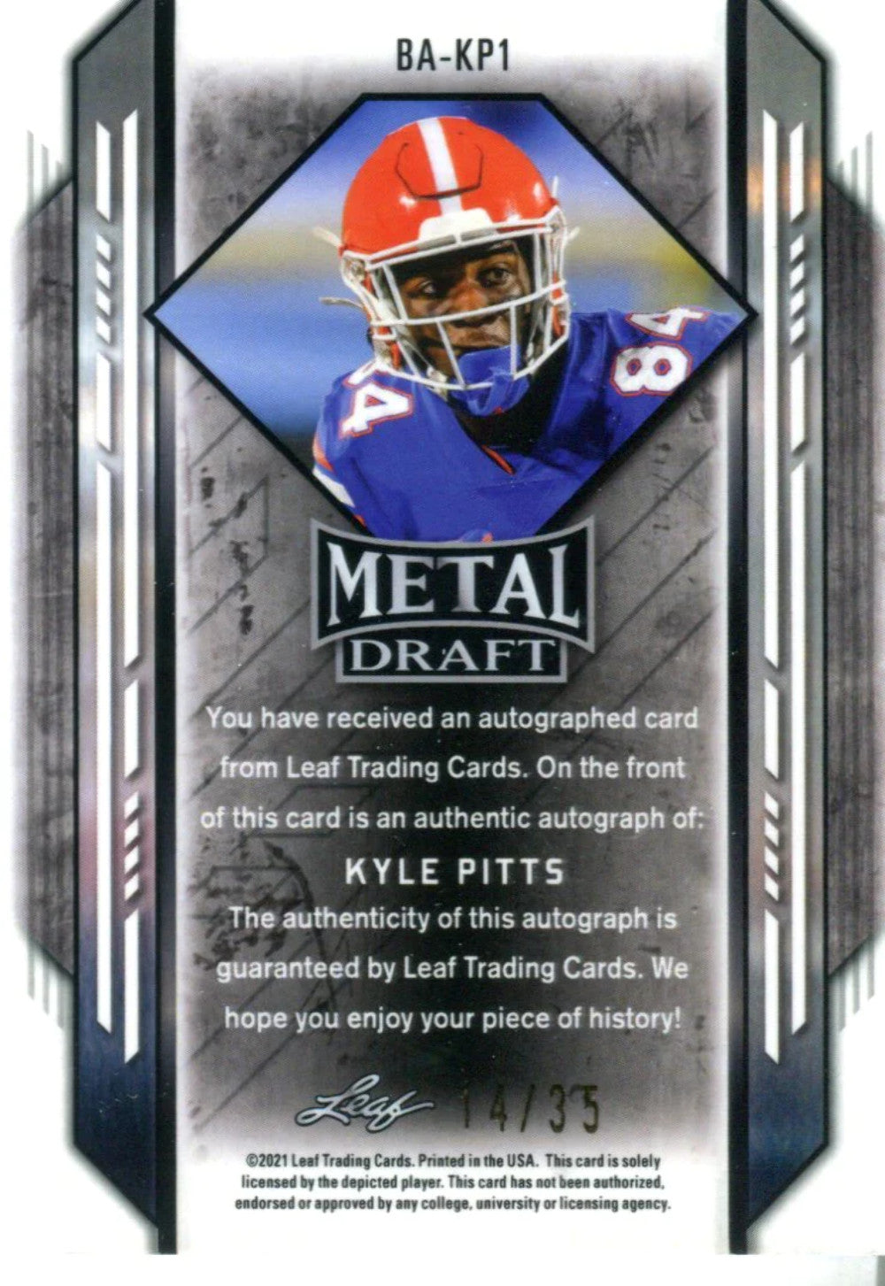 Kyle Pitts 2021 Leaf Metal Draft Autographed Rookie Card 14/35 #BA-KP1