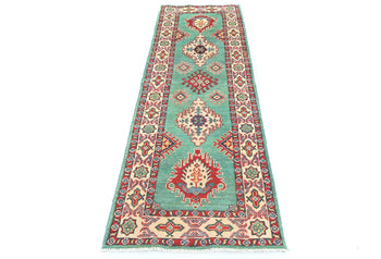 Hand-Knotted Kazak Tribal Runner Rug Geometric