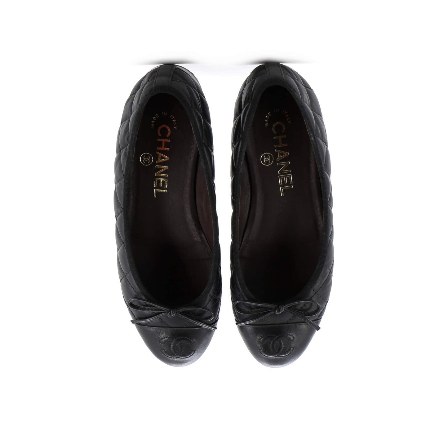 Chanel Women'S Cc Cap Toe Bow Ballerina Flats Quilted Leather