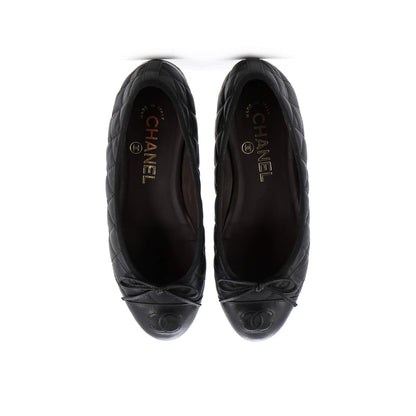 Chanel Women'S Cc Cap Toe Bow Ballerina Flats Quilted Leather