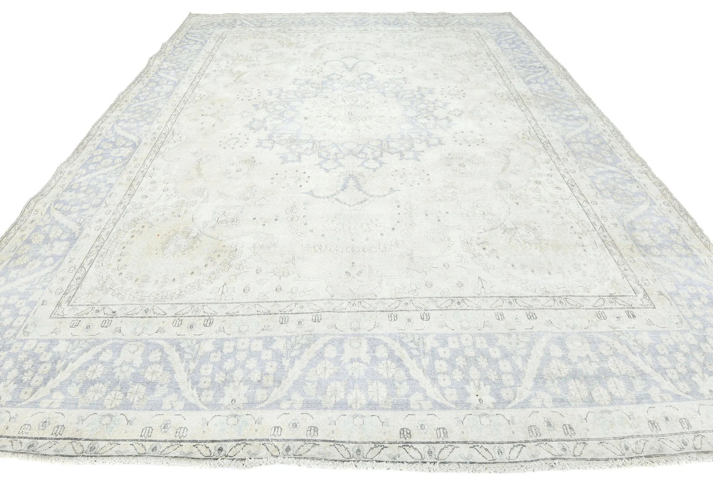 Muted Cream Distressed Handmade Oriental Rug 10x13 ft Vintage Farmhouse Carpet