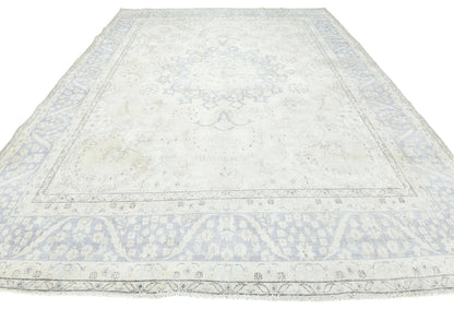 Muted Cream Distressed Handmade Oriental Rug 10x13 ft Vintage Farmhouse Carpet