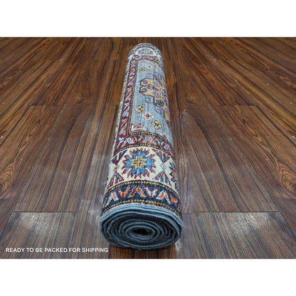 2'7"X8'4" Gray Hand Knotted Super Kazak Runner All Wool Oriental Rug